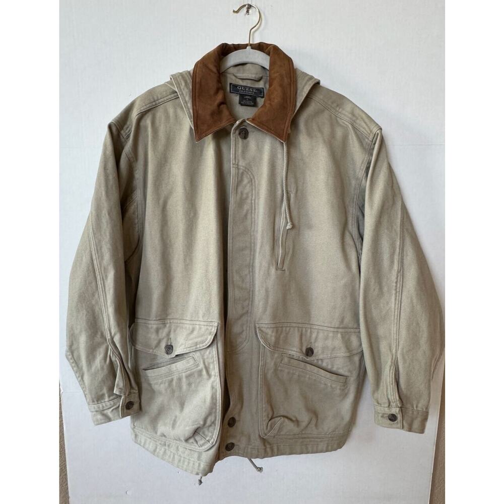 Vtg Guess Classics Chore Coat Men’s Sz L Tan Pockets Detachable Hood